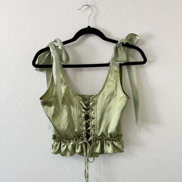 Lime Green Satin Tie Shoulder Lace Up Corset - Picture 3 of 9